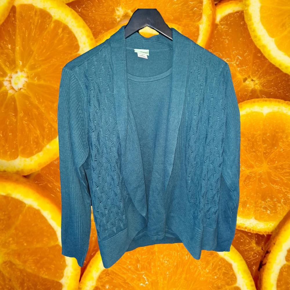 Sara Morgan Blue Knit Cardigan with Attached Shirt Size Medium
